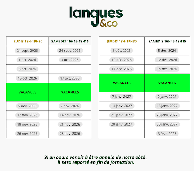 calendrier ateliers d'anglais pour adultes